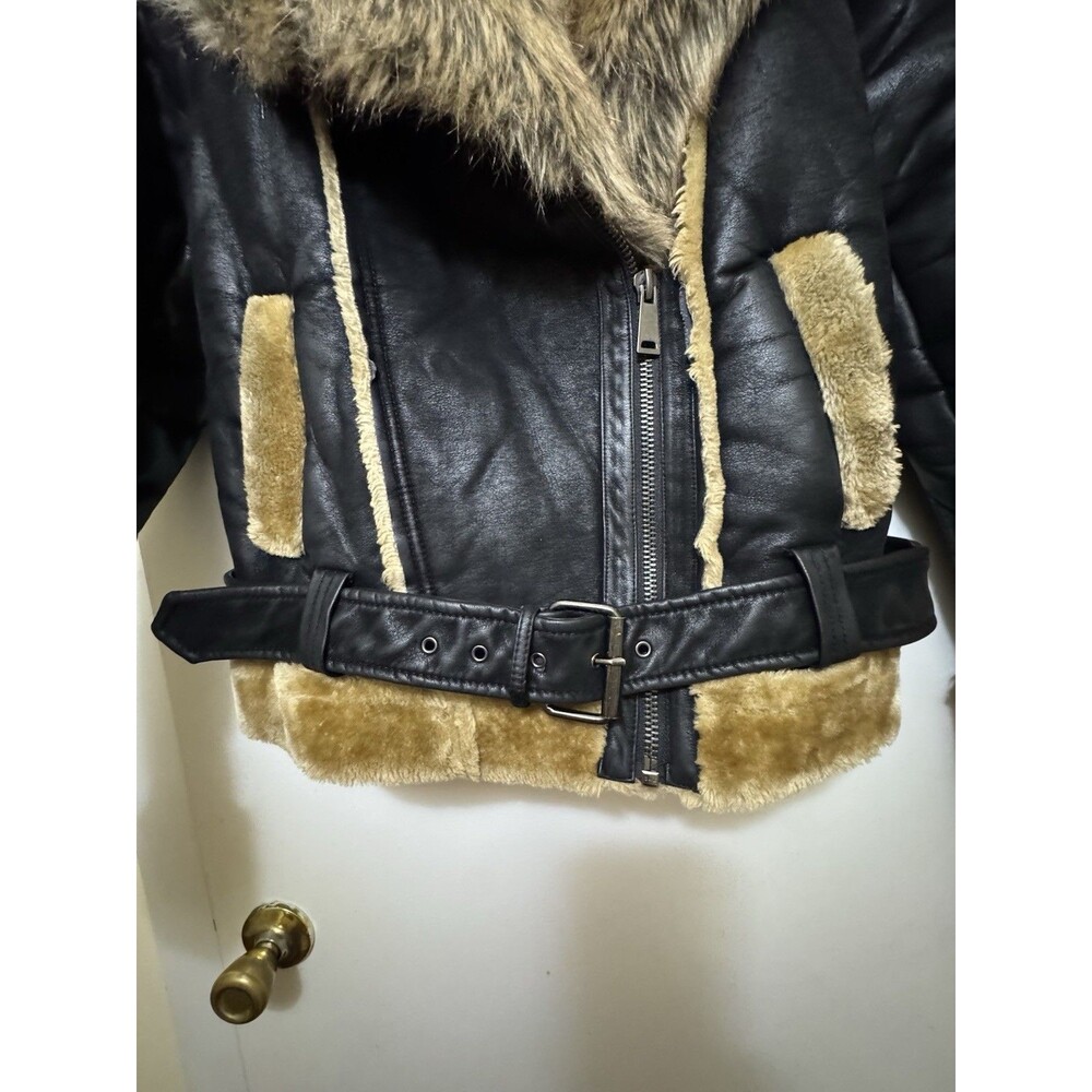 Dakoma Shearling Faux Fur Belted Women's Bomber Black Jacket Size Medium